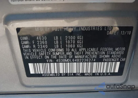 2011 Subaru Legacy 3.6R Limited из США, поврежденный, VIN 4S3BMDL64B2236274